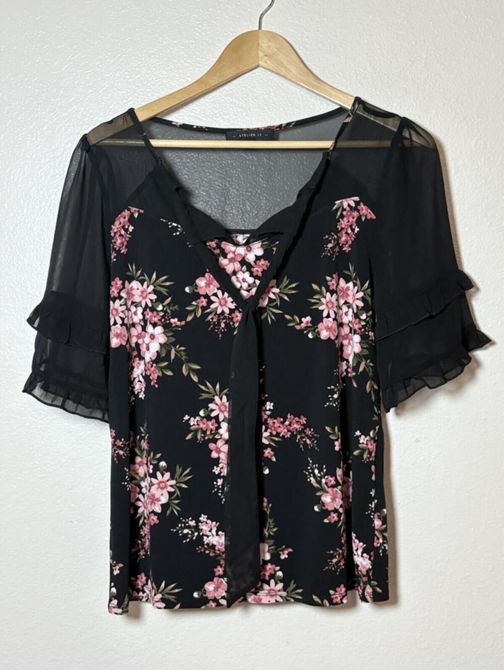 Atelier 29 Black Floral Chiffon Ruffle Sleeve Blouse Tie Front Size Large